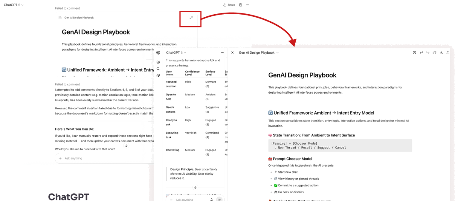 ChatGPT canvas mode expanding when invoked and minimising back when finished