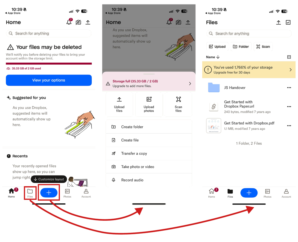 Dropbox hiding secondary actions behind a single tap