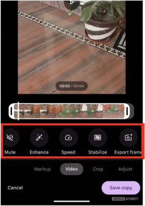Google Photos showing a basic player and sliding in editing tools when the user interacts